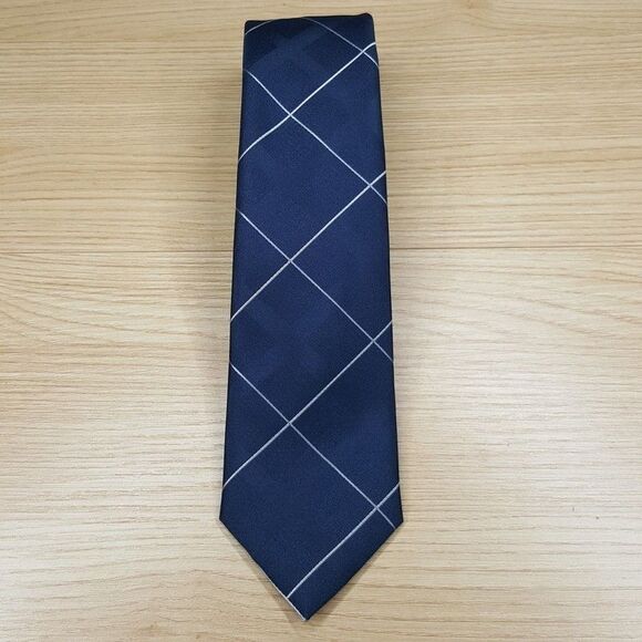 MICHAEL KORS Mens Neck Tie Navy Grid Check Stripe Classic Pointed Silk Blend - Picture 2 of 6